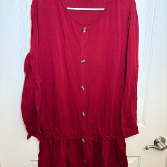 Fashion Dresses & Skirts - Red Button-Front Long Sleeve Dress